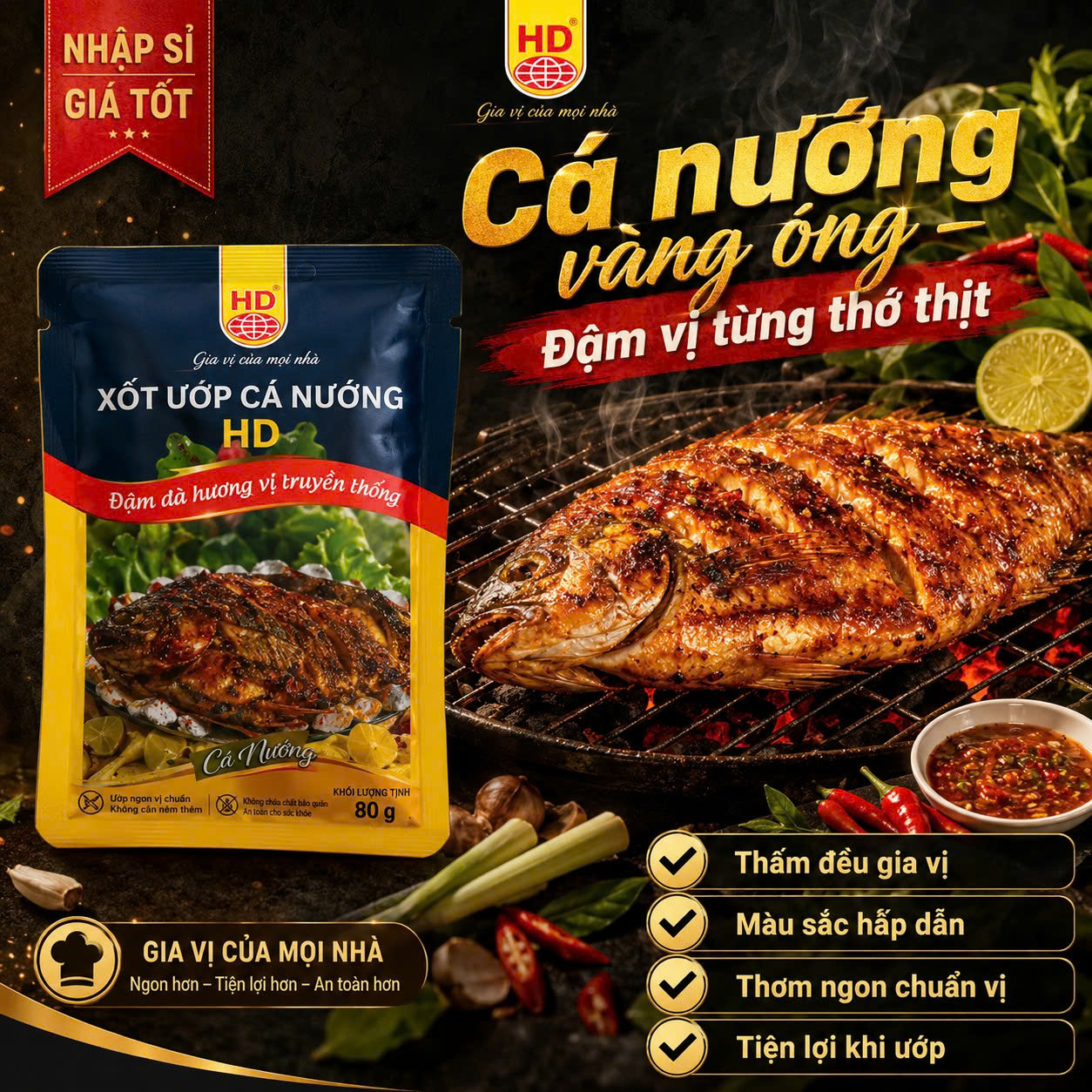 Nhập Sỉ Xốt Ướp Cá Nướng HD 80g – Gia Vị Ướp Cá Tiện Lợi, Dễ Bán Cho Tạp Hóa & Quán Ăn